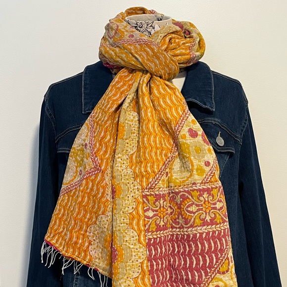 KANTHA SCARF REVERSIBLE TWO SIDED SARI HEAD WRAP DECOR LINEN SARONG - Picture 4 of 10